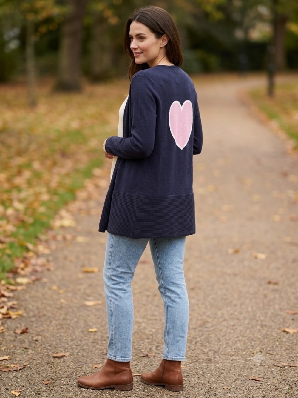 Talbots Navy Open-Front Cardigan with Pink Heart Back